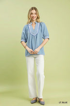 Umgee Textured Jacquard Contrast Trim Top