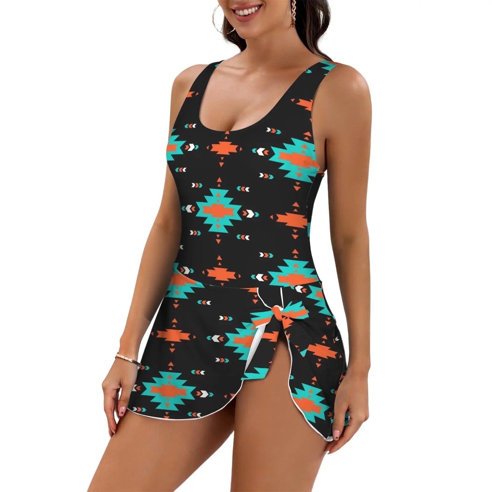 Baha Ranch Turquoise Orange Aztec Skirted Swimsuit Baha Ranch Western Wear