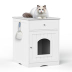 White Wooden Pet House Cat Litter Box Enclosure with Drawer and Side Table, Indoor Cat Home Nightstand for Small Cats, MDF Construction, 18.9'' W x 20.9'' D x 25'' H