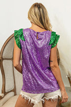 BiBi Mardi Gras Sequin Color Block Ruffled  Top
