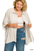 Zenana Full Size Woven Stripe Button Down Boxy Shirt Plus Size