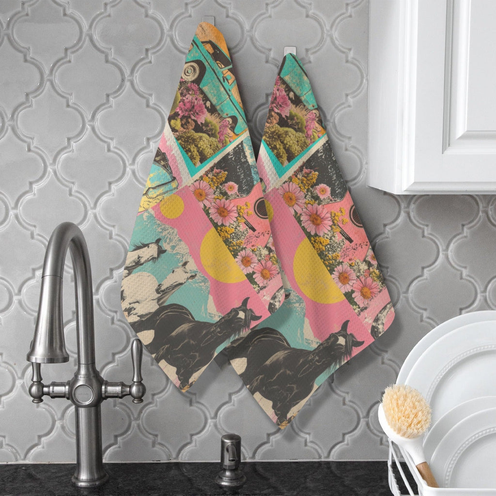 Retro Pop Western set of 2 Kitchen Dish Towels Made in America Baha Ranch Western Wear