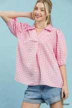 Umgee Gingham Puff Sleeve Collared Blouse