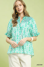 Umgee Mix Boho Puff Sleeve Smocked Top