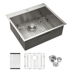 Brushed Nickel Stainless Steel 25 x 22 x 9 Inch Kitchen Sink Drop In with Single Bowl Topmount Design