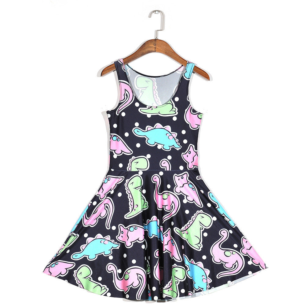 Black Cartoon Color Dinosaur Pleated Umbrella Skirt