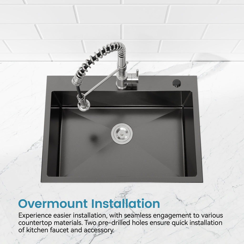 Stainless Steel Kitchen Sink, 30″x19″ Single Bowl, Overmount Handmade Sink in Black, with US Standard Drain and Hook