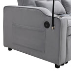 Modern Velvet Loveseat Futon Sofa Couch with Pullout Bed, Adjustable Backrest, Toss Pillows, Light Gray