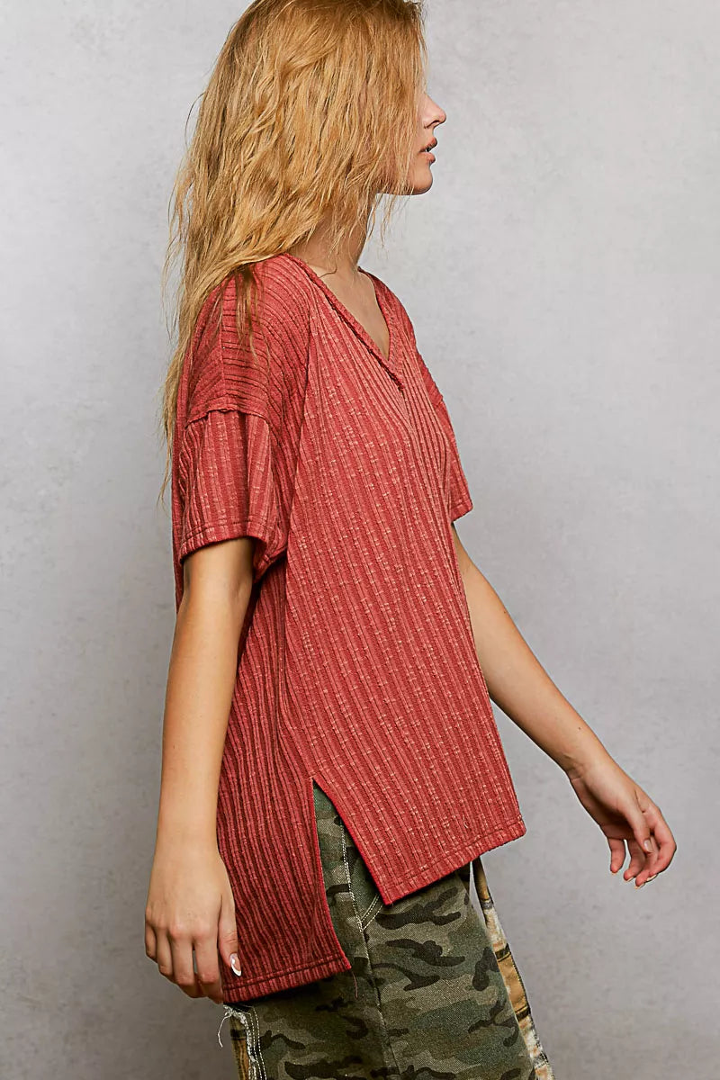 POL Ribbed Knit V-Neck Short Sleeve T-Shirt with Side Slit