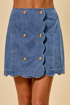 SO ME Denim Scalloped Buttoned Front Skirt