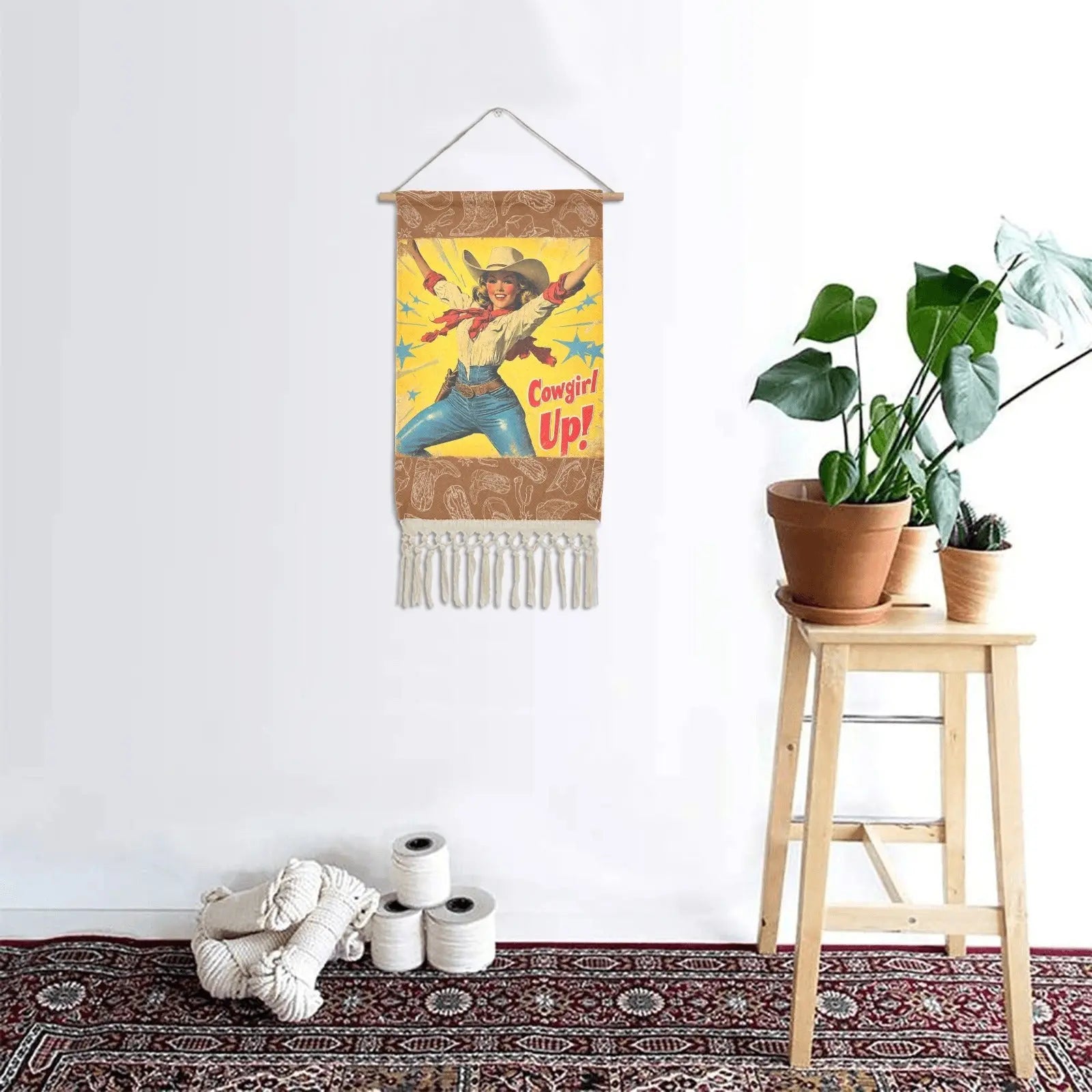 Cowgirl Up Vintage Western Wall Decor Linen Hanging Poster with Fringe Made in America Baha Ranch Western Wear