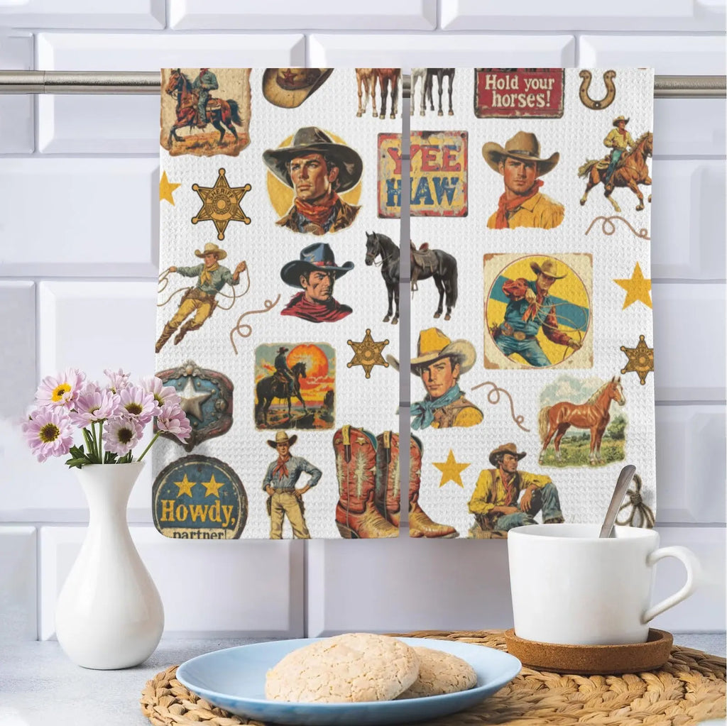 Vintage Cowboy Collage Dish Towel Set of 2 Made in America Baha Ranch Western Wear