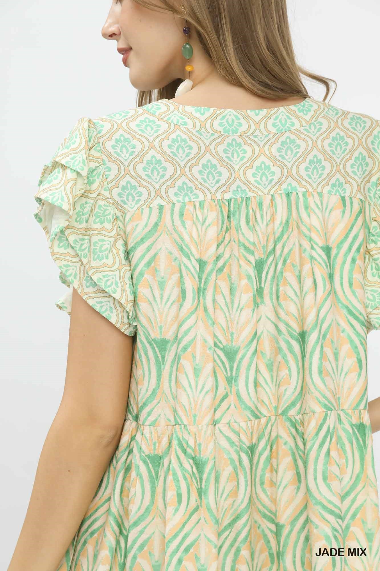 Umgee Mix Printed Flutter Sleeve Dress