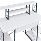 White and Black Office Desk with Open Shelves and Hutch