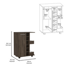 Bar Cart, Four Casters, Single Door Cabinet, Two External Shelves, Dark Walnut