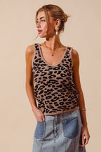 SO ME Leopard Knitted Lightweight V Neck Tank Top
