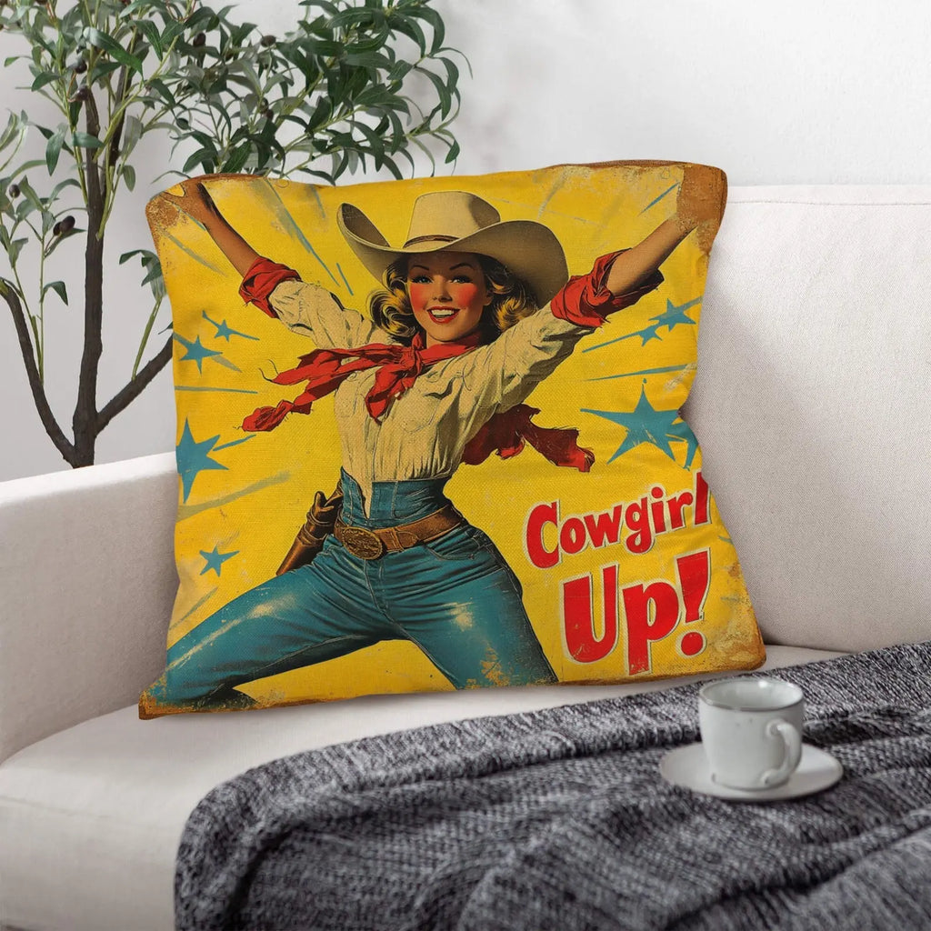 Vintage Cowgirl Up Throw Pillow Case 18 x 18 Made in America Baha Ranch Western Wear