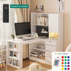L Shaped Desk with Charger,Computer Desk with Drawers,Bookshelf, with LED Light,Modern Corner Desk,Home Office Desk,L-Shaped Study Table Writing Desk,Corner Gaming Computer Desk with Storage
