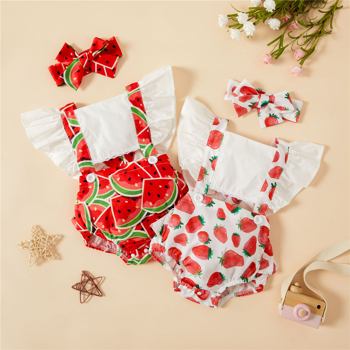 Spring And Summer New Watermelon Strawberry Printing Flounced Sleeve Sling Romper Headband Set