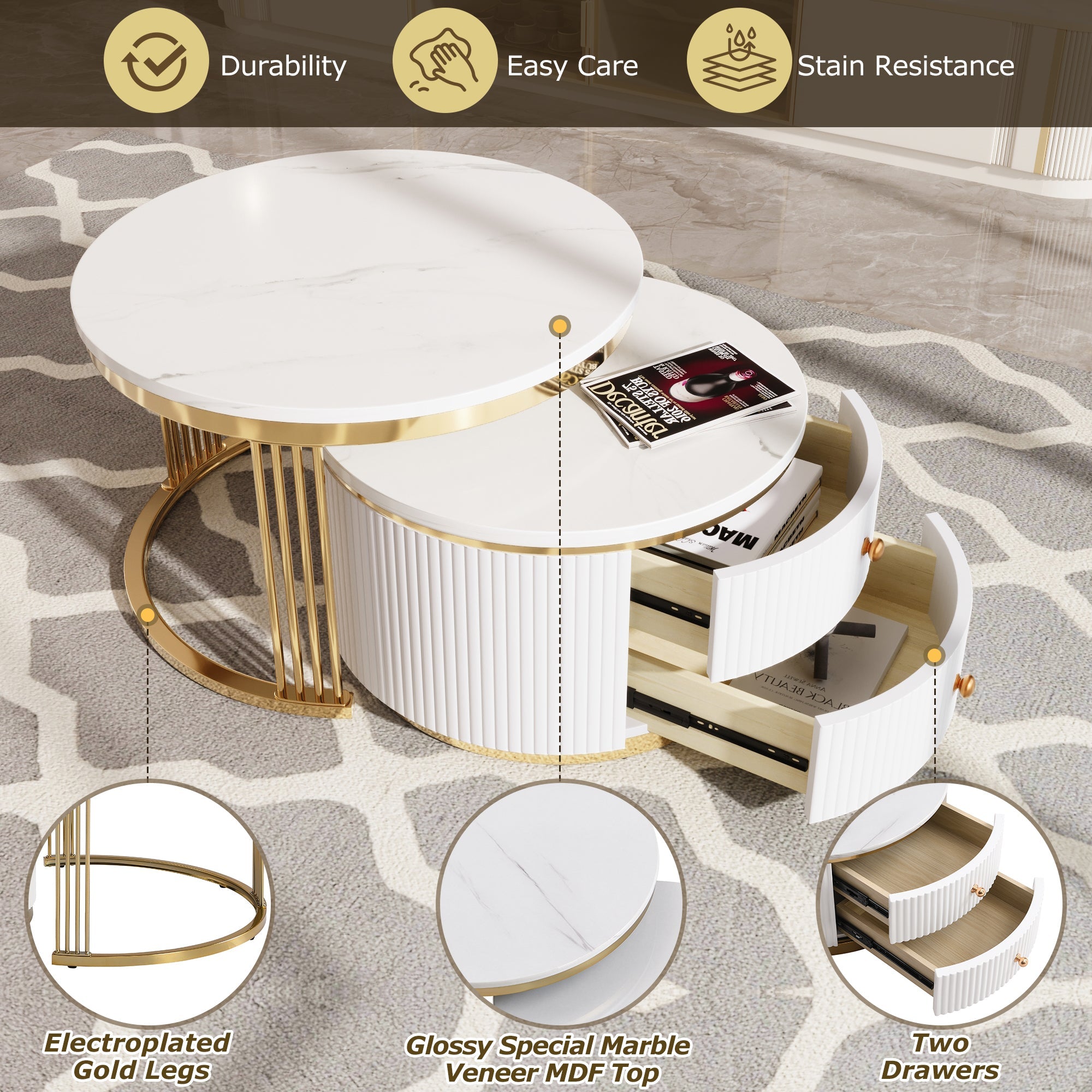 Modern 2 Pieces White Round Nesting Coffee Table with Drawers in 27.6''