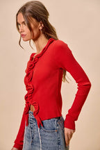 SO ME Cascade Ruffle Ribbed Sweater Cardgian