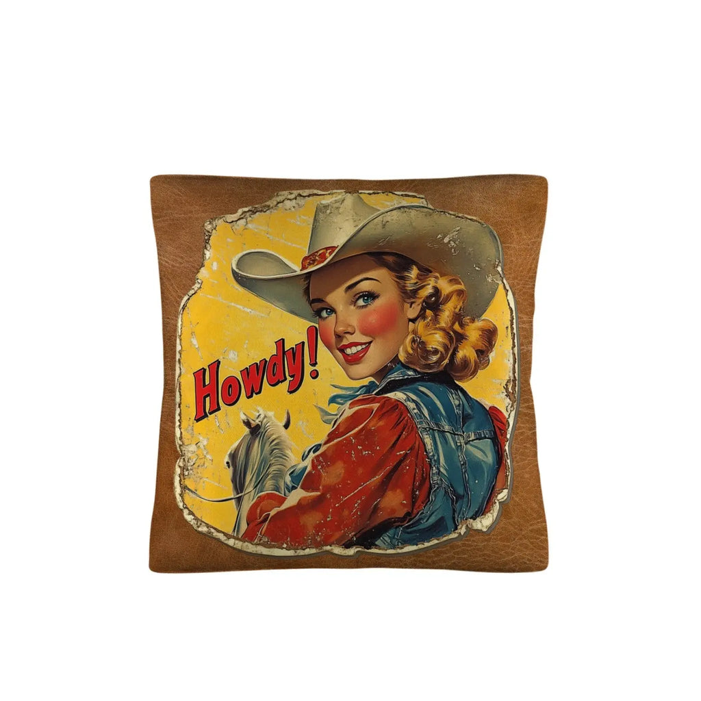 Vintage Cowgirl Howdy Throw Pillow 18 x 18 Made in America Baha Ranch Western Wear