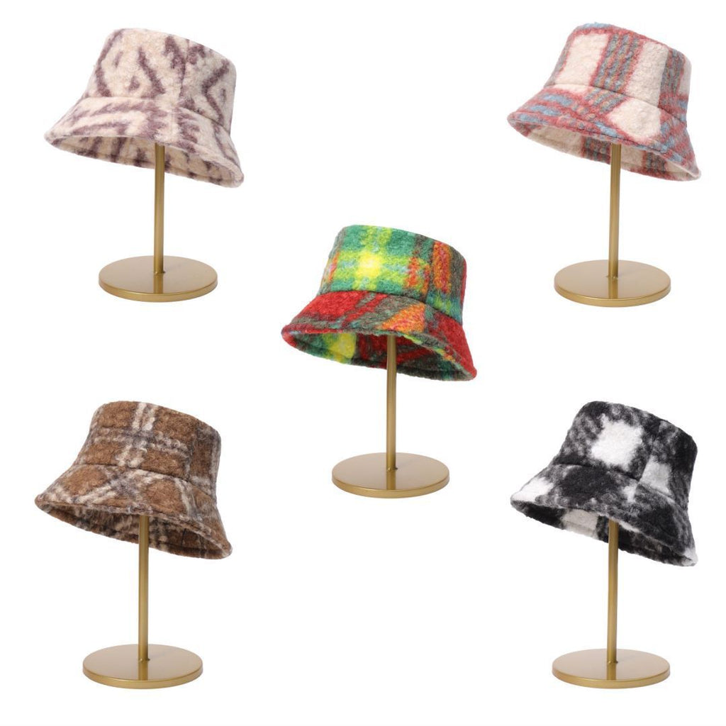 Cashmere Loop Tie Dyed Autumn And Winter New Plaid Face Small Warm Woolen Basin Hat