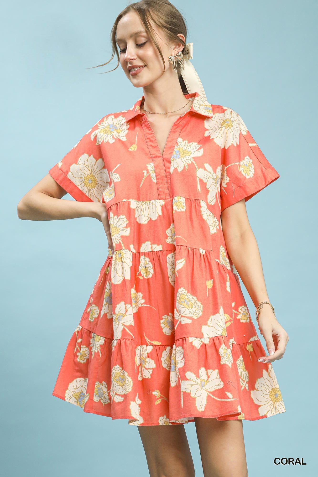 Umgee Floral Tiered Collared Babydoll Dress