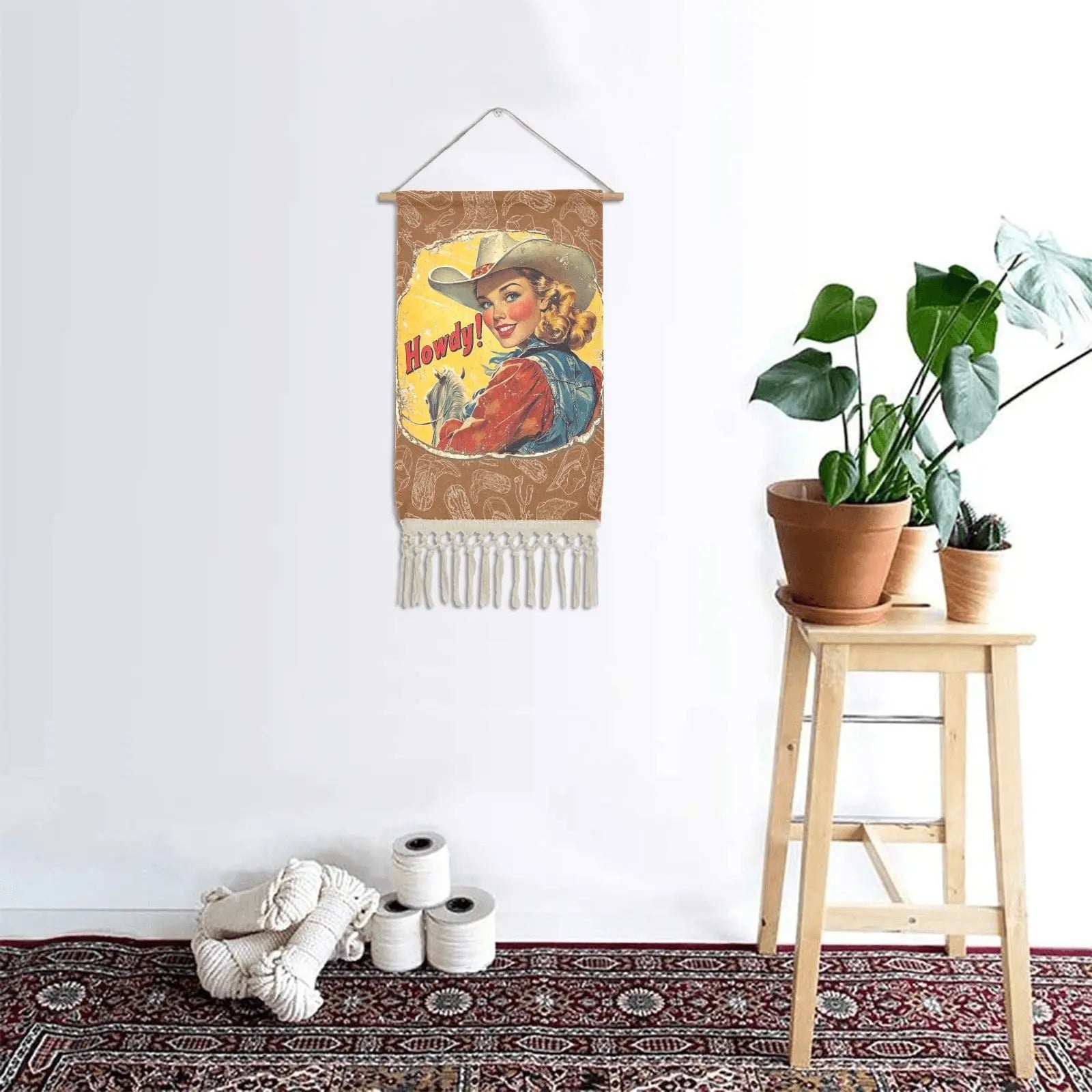 Howdy Vintage Cowgirl Western Wall Decor Linen Hanging Poster with Fringe Made in America Baha Ranch Western Wear