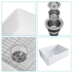 28 Inch White Farmhouse Sink Ceramic Single Bowl with Drain Assembly and Bottom Grid
