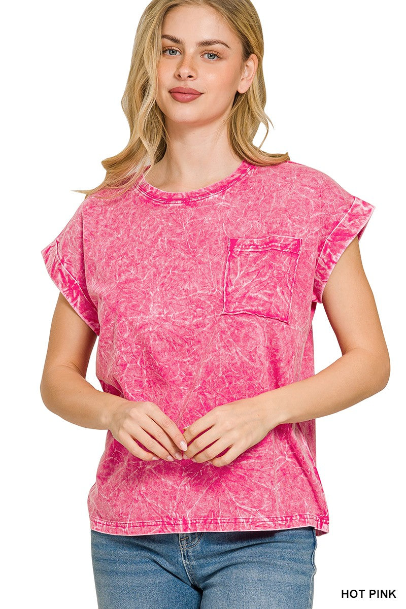 Zenana Full Size Crinkle Washed Round Neck Folded Short Sleeve Tee Plus Size