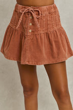 SO ME Mineral Wash Pintucked Corduroy Mini Flared Skirt