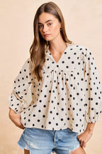 BiBi Polka Dot Corduroy Quarter Sleeves V Neck Blouse
