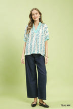 Umgee Mix Print Boho Blouse with Contrast Trim
