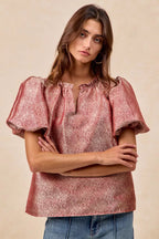 BiBi Jacquard Woven Short Balloon Sleeves V Neck Top