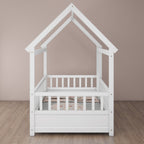 Twin Size Floor Wooden Bed with House Roof Frame, Fence Guardrails,White