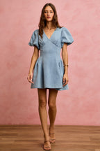 SO ME Bubble Sleeves Denim Fit And Flare Mini Dress