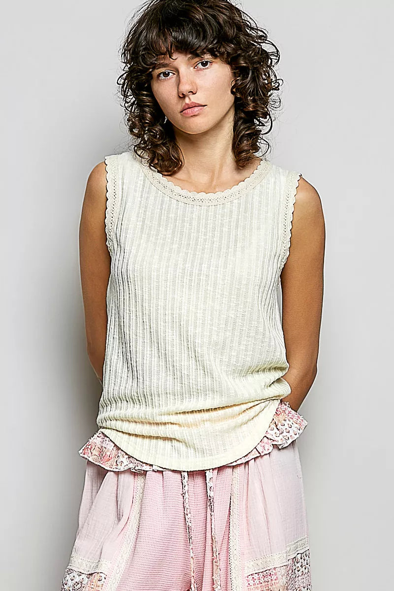 POL Ribbed Round Neck Tank with Lace Trim