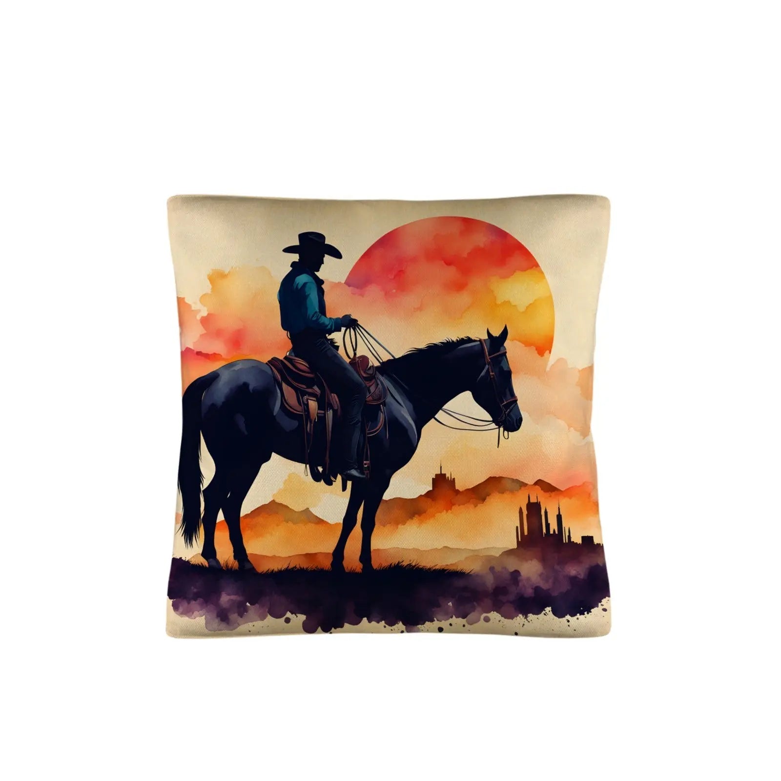 Watercolor Desert Cowboy Throw Pillow Case Made in America Baha Ranch Western Wear