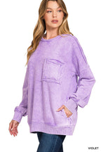Zenana Halo Washed French Terry Exposed-seam Sweatshirt