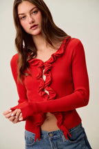 SO ME Cascade Ruffle Ribbed Sweater Cardgian