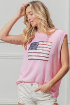 BiBi American Flag Sequins Patch Knit Top