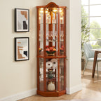 Glass Cabinet Lighted Corner Cabinet Corner Display Curio Cabinet, Glass Display With Light(Included)Bar Cabinet,Wine Cabinet with Adjustable Glass Shelves Carved Decoration OAK Light(Included)