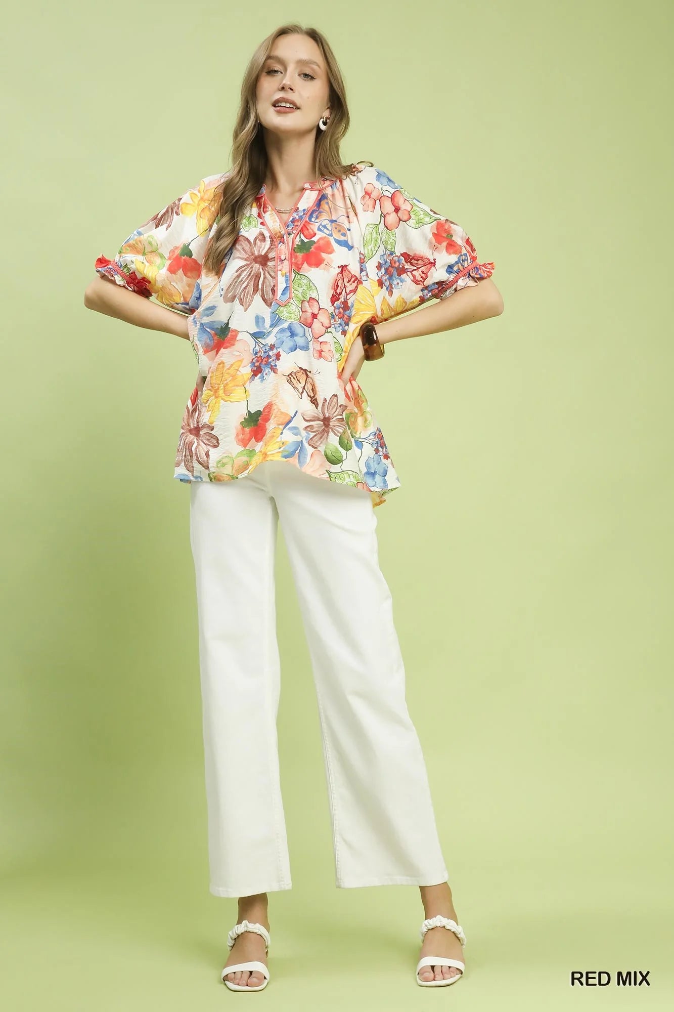Umgee Watercolor Floral Print Top with High-Low Hem