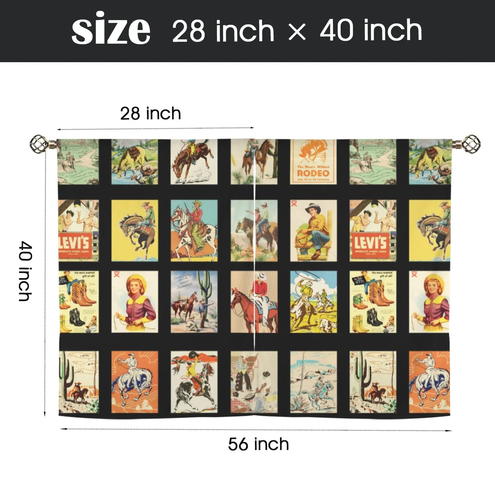 Vintage Western Collage Window Curtains 28"x40" (2-Piece)Made in America Baha Ranch Western Wear