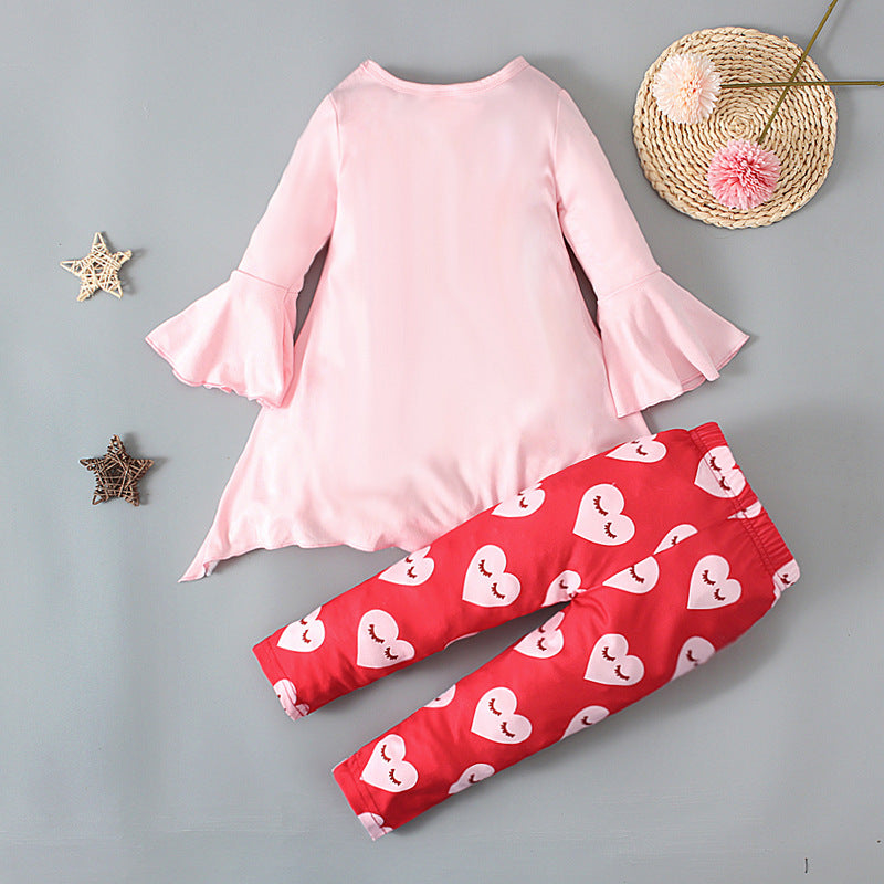 Fashion Flared Sleeve Top Trousers Love Pattern Two-piece Suit