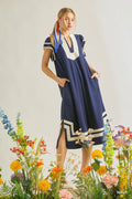 Umgee Linen Cotton Contrast Neckline Midi Dress