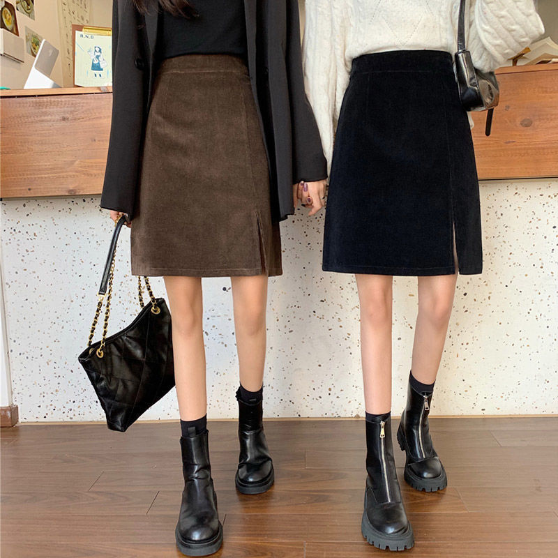 Plus Size Corduroy Skirt With High Waist Slits