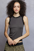POL Round Neck Cropped Tank with Lace Trim