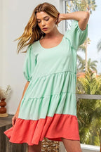 BiBi Two-Tone Balloon Sleeves U Neck Tiered Ruffle Hem Mini Dress